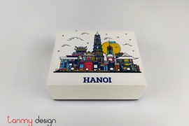 White rectangular lacquer box hand-painted with Hanoi picture